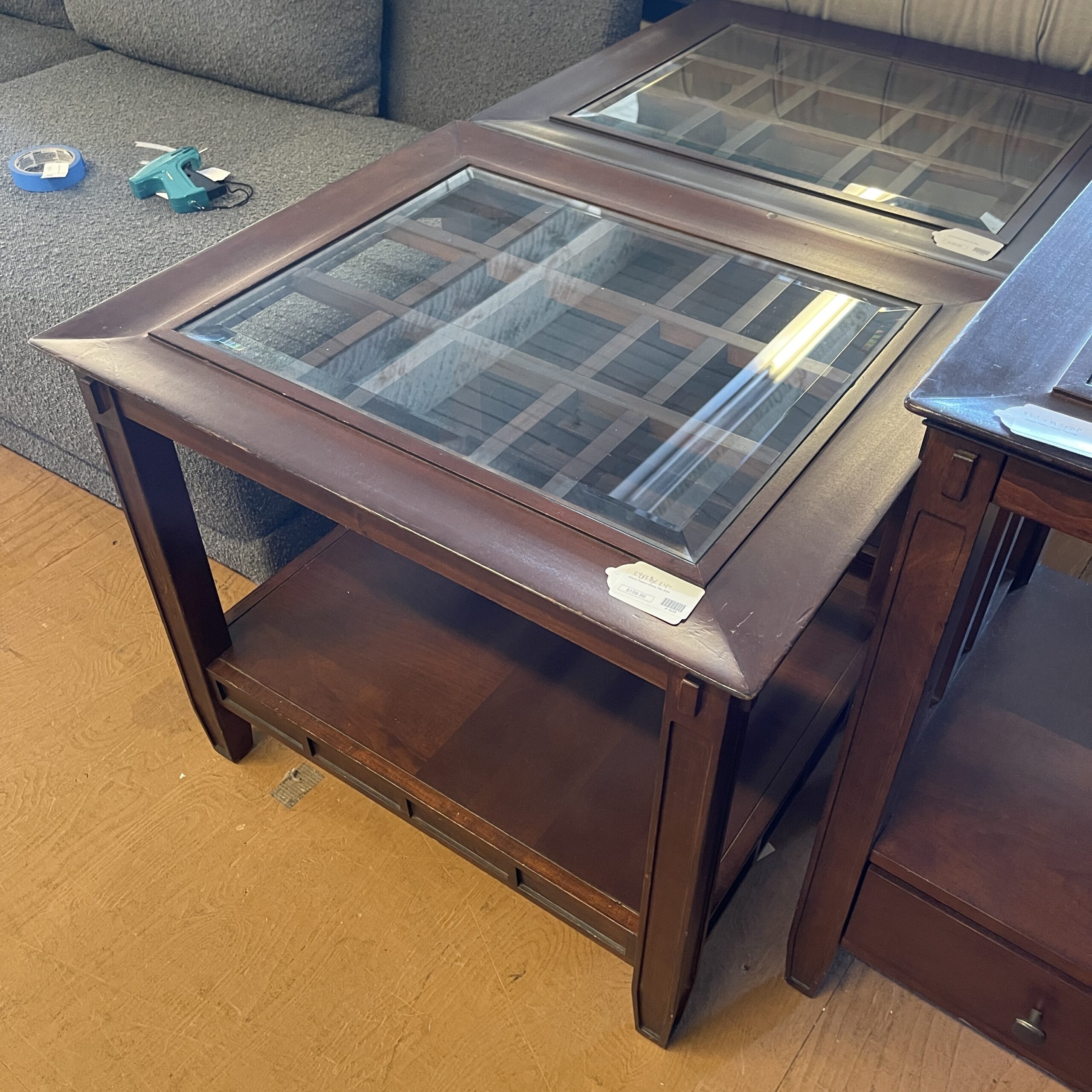 wood pattern glass top side table