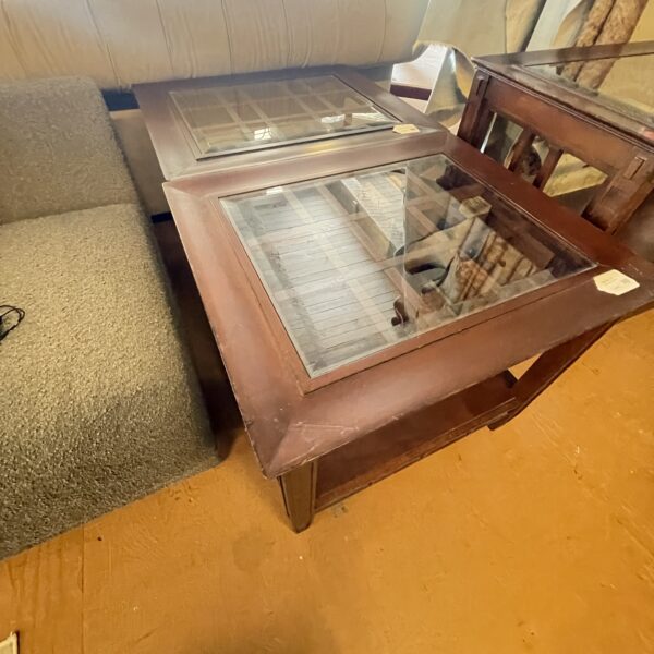 wood pattern glass top side table